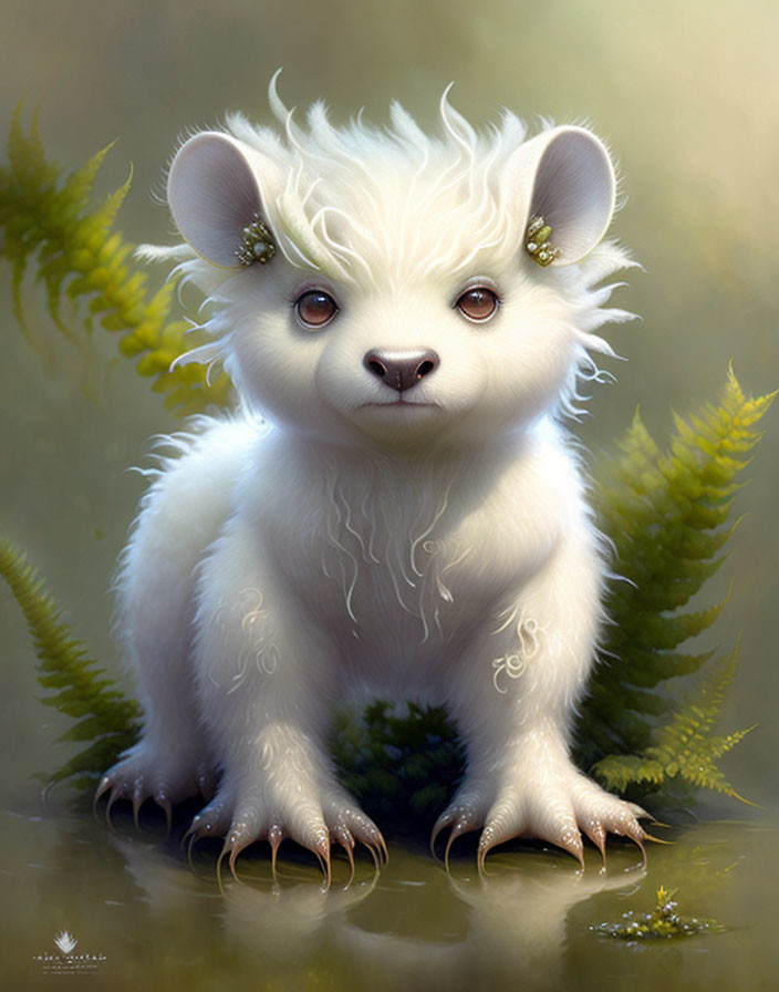 Fantasy white bear cub creature with sparkling eyes and floral ears in ferns