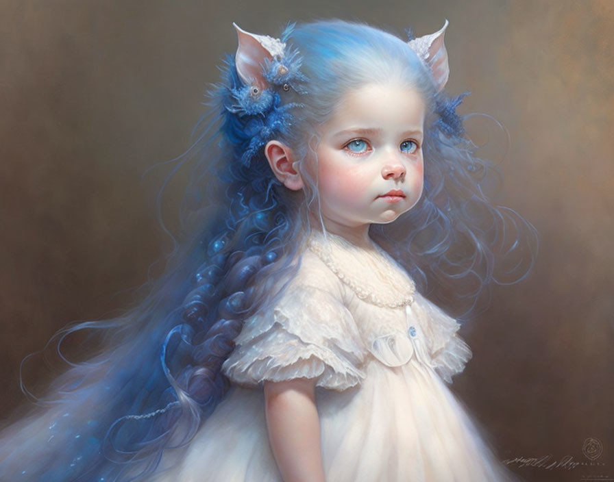 Mythical child portrait with blue hair and cat-like ears