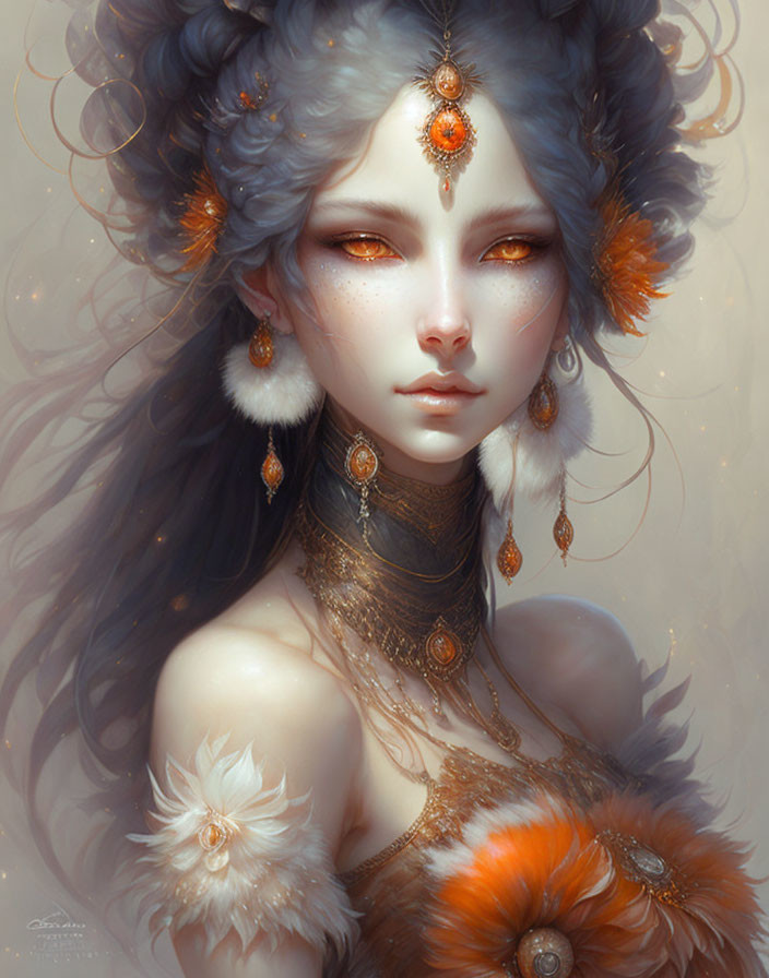 Fantasy portrait of female with fox-like eyes & orange gem jewelry