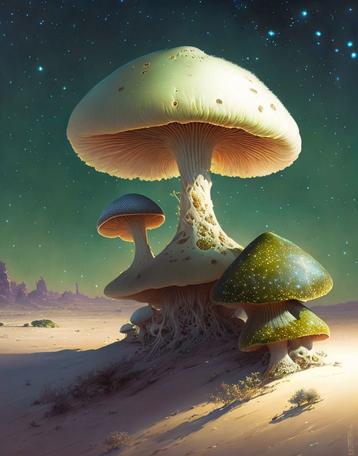 Fantastical oversized glowing mushrooms in surreal alien landscape