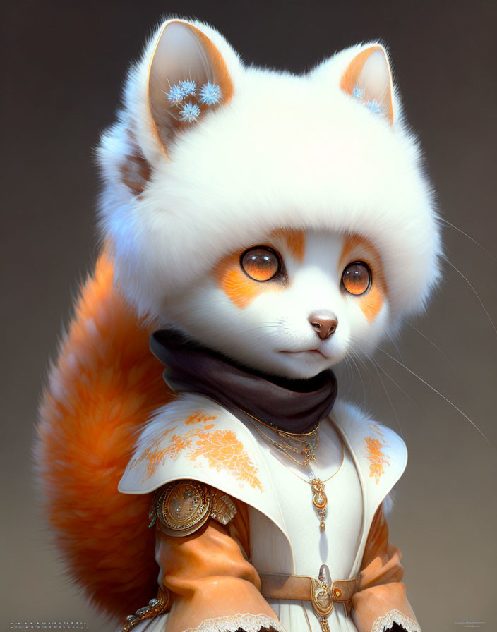 Anthropomorphic fox character with white and orange fur in ornate outfit