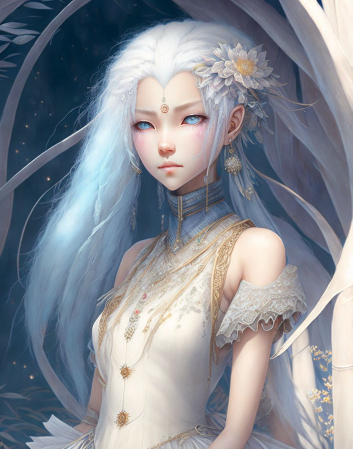 Fantasy creature with white hair, pointed ears, third eye, jewelry, and flowers in moonlit