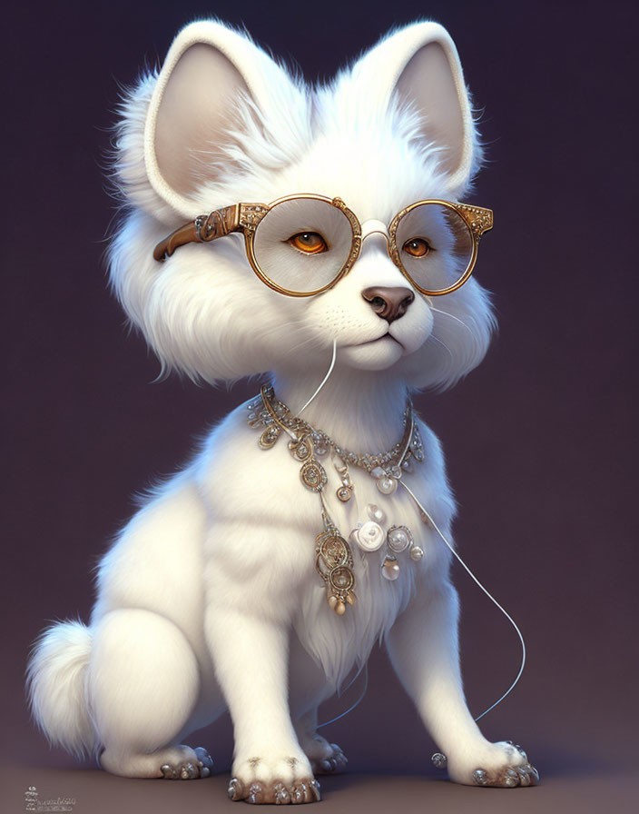 White anthropomorphic fox with gold-rimmed glasses and unique necklace