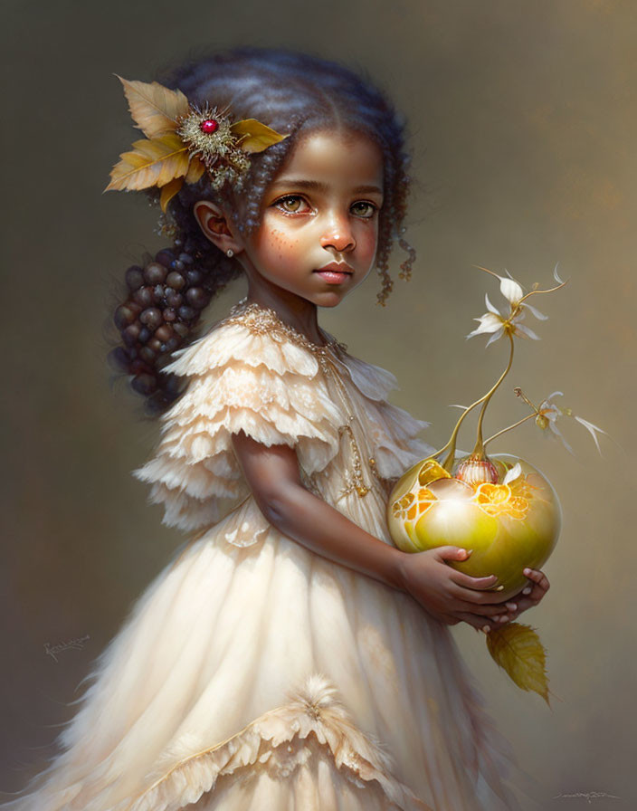 Young girl with glowing plant bulb in digital artwork