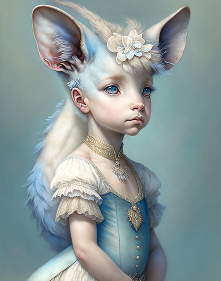 Fantastical digital artwork of girl with feline head and flower adornment