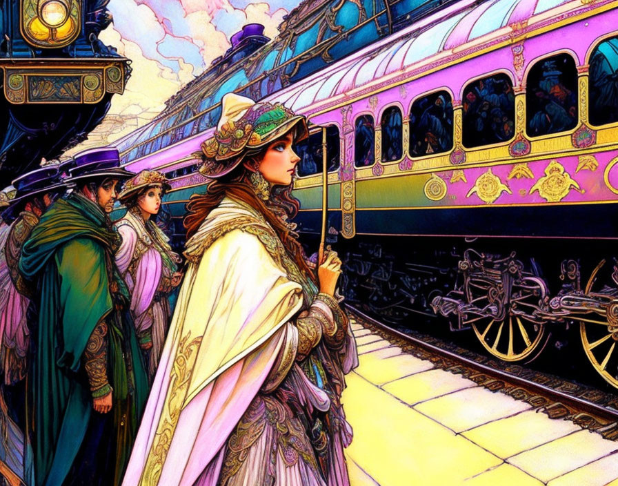 Vintage Attire Individuals on Train Platform with Purple Locomotive