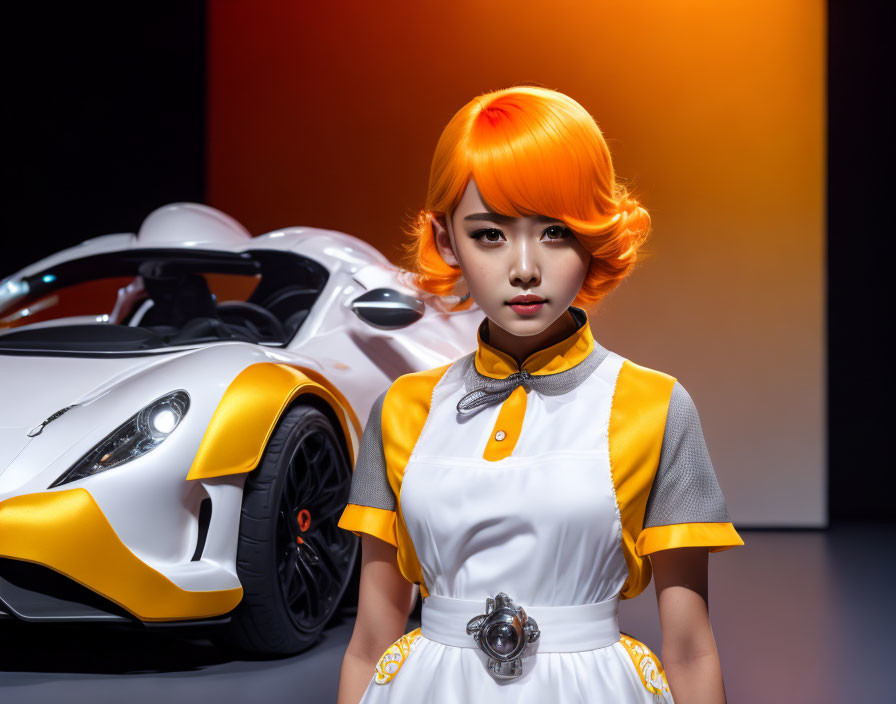 Vibrant orange-haired female figure in white dress by yellow sports car