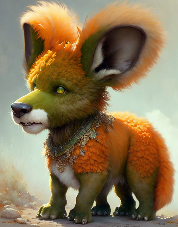 Fantastical creature illustration: fox-dog hybrid with orange fur, large ears, green eyes,