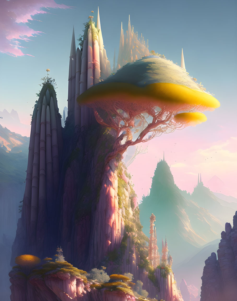 Fantastical landscape with giant mushroom on cliff amid spires and misty mountains.