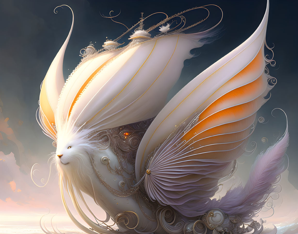 White Fur Fantastical Creature with Orange Wings and Metallic Adornments in Dreamy Sky