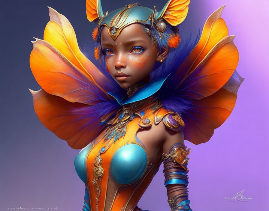Character with Orange Butterfly Wings and Blue Armor on Purple Background
