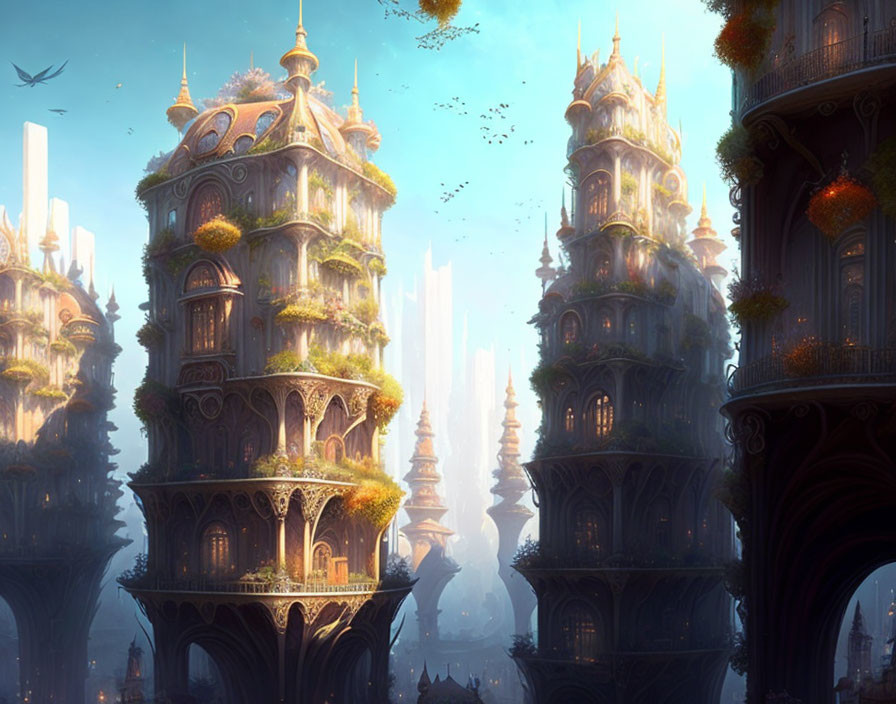 Intricate fantasy cityscape with towering tree-like structures and golden domes