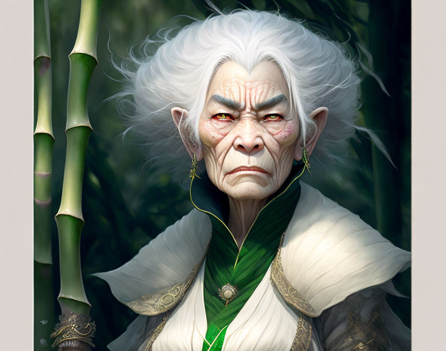 Elderly woman with white hair in traditional robes near bamboo stalks