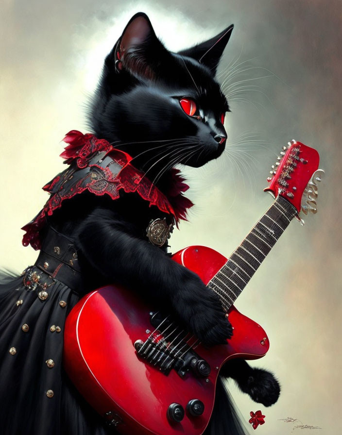 Black Cat in Gothic Attire Playing Red Electric Guitar