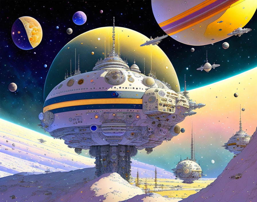 Futuristic sci-fi landscape with spherical spaceships on alien planet