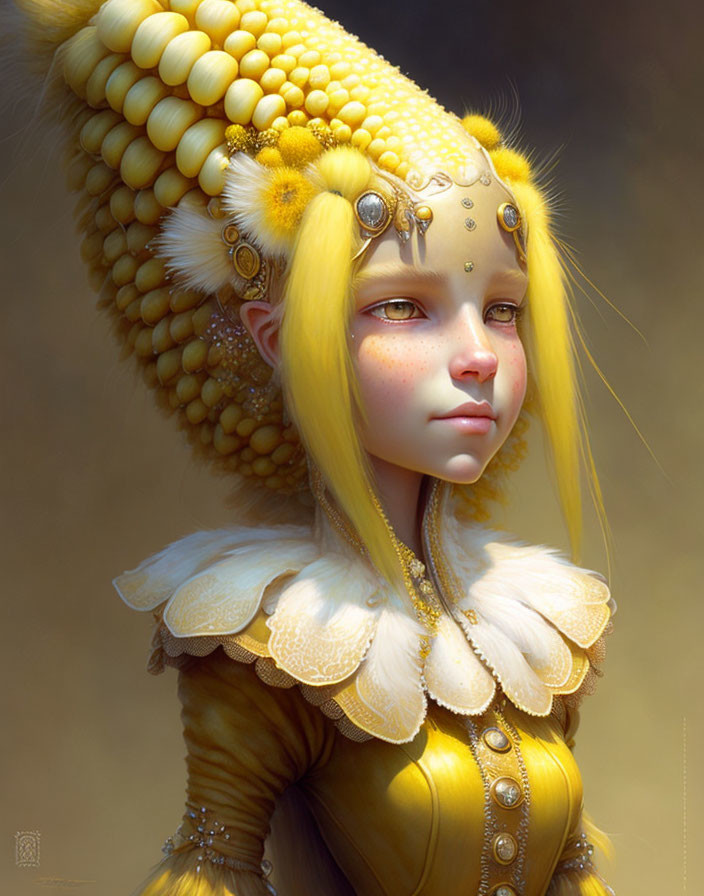 Young girl digital artwork with corn-inspired fantasy attire and headdress.