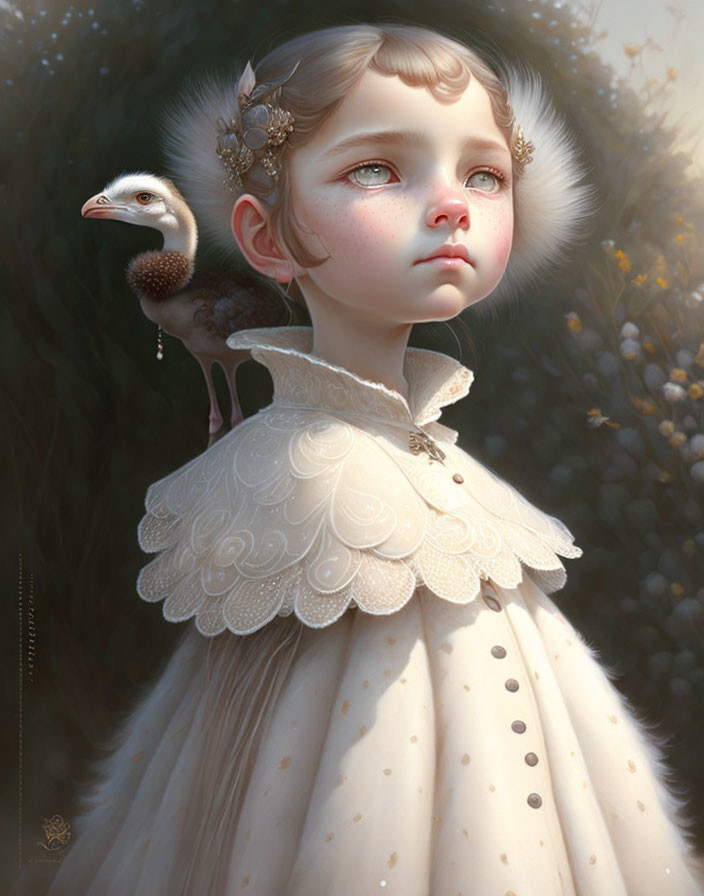 Digital artwork of young girl in ornate white dress with duckling on shoulder