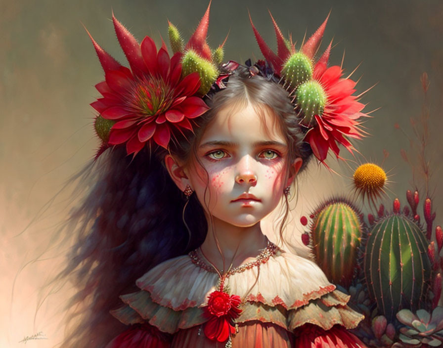 Young Girl with Cactus Flower Crown in Warm Light