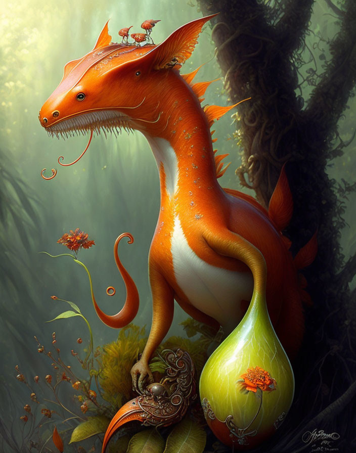 Orange Dragon Creature in Mystical Forest with Little Creatures