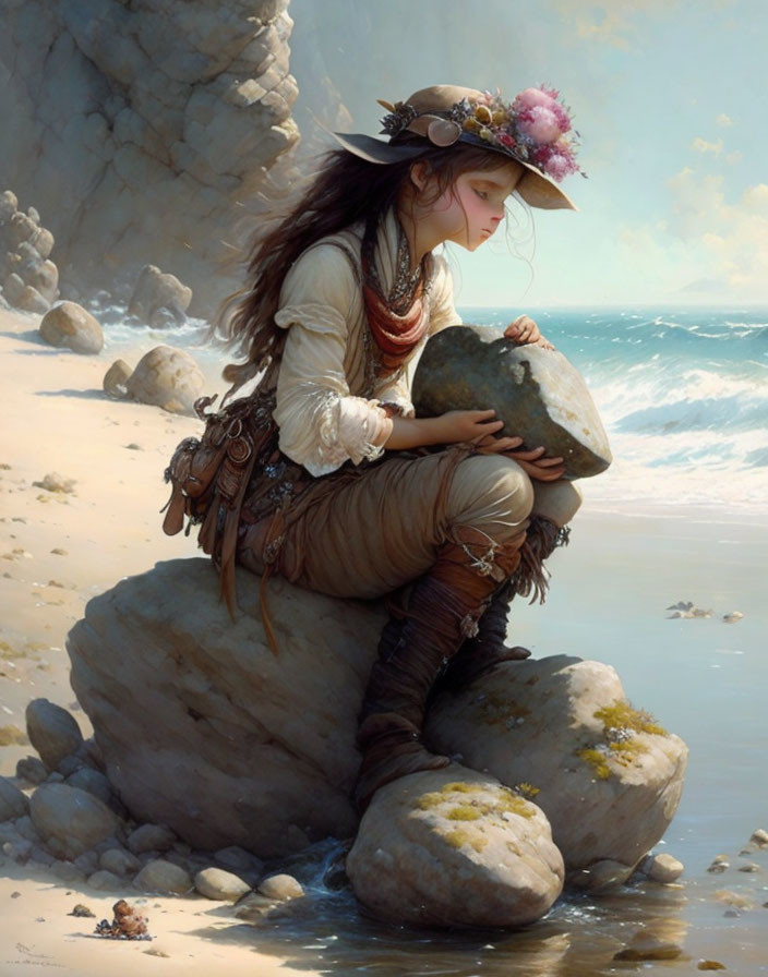 Young woman in historical clothing by the seaside holding a rock