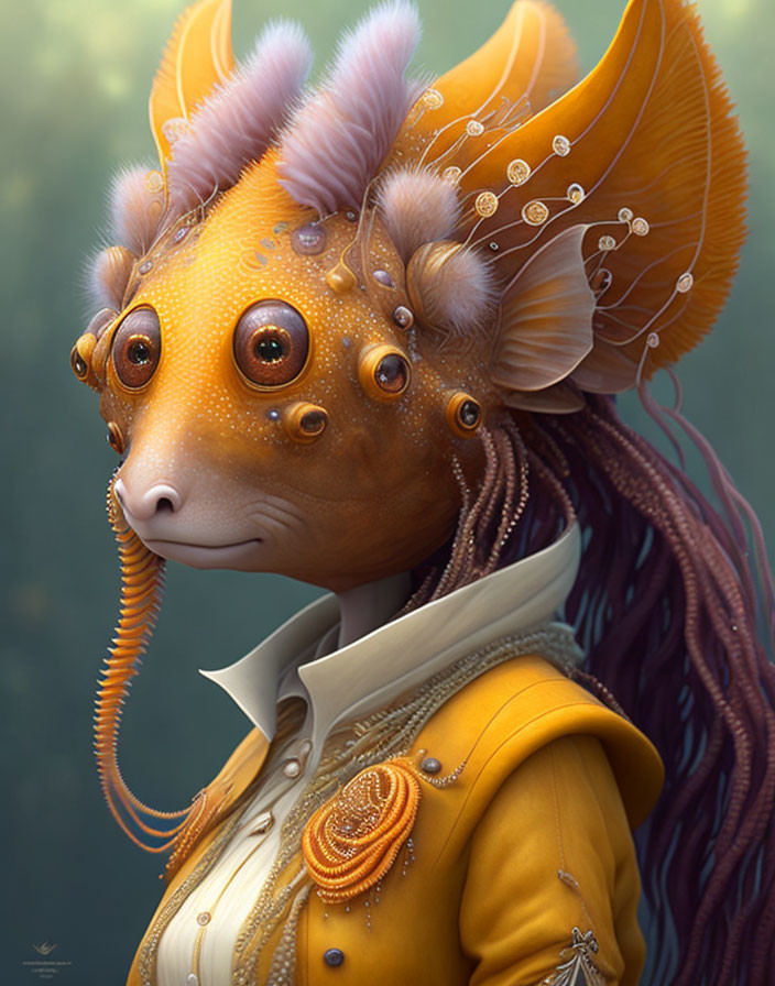 Orange anthropomorphic creature with large pearl-adorned ears and multiple eyes wearing a yellow jacket