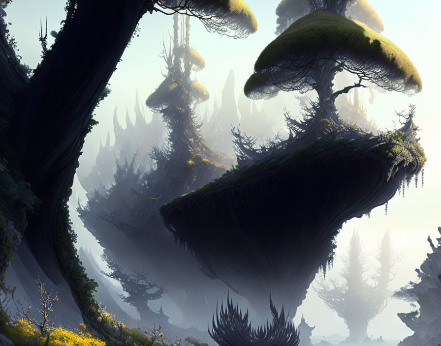 Enchanting forest with towering mushroom-like trees in misty ambiance