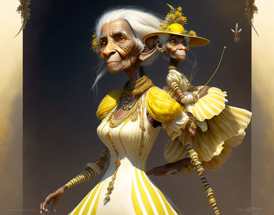 Elderly fantasy character with elongated limbs and small monkey in yellow attire