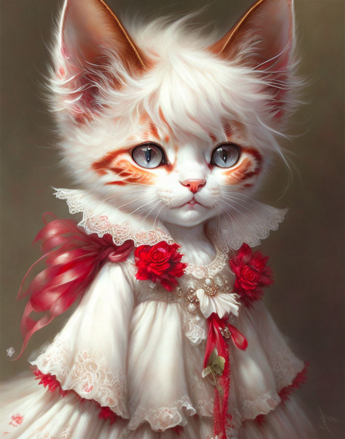 Whimsical anthropomorphic cat in elegant dress with lace and red roses