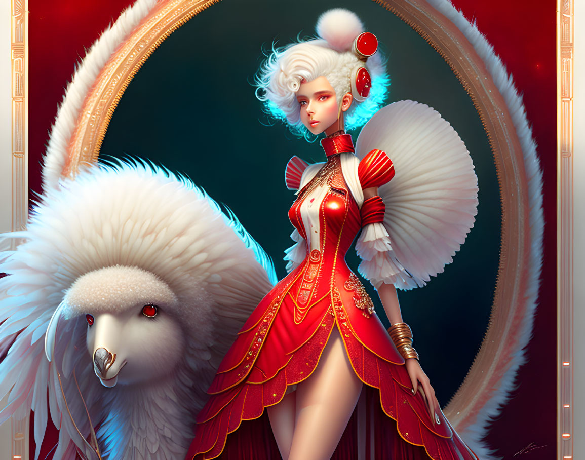 Woman in red and gold outfit with Elizabethan collar beside white creature with red eyes.