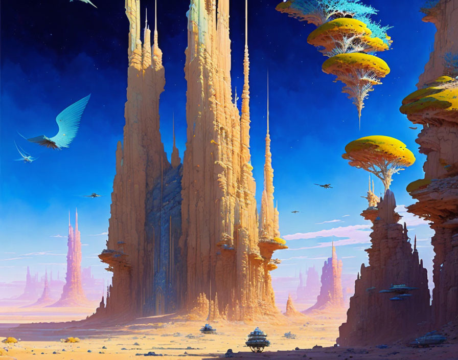 Golden rock formations, floating islands, futuristic vehicles, and a bluebird in a fantastical landscape