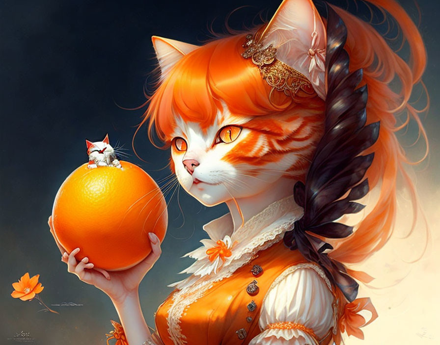 Anthropomorphic cat with intricate clothing holding an orange, with tiny cat, autumn backdrop