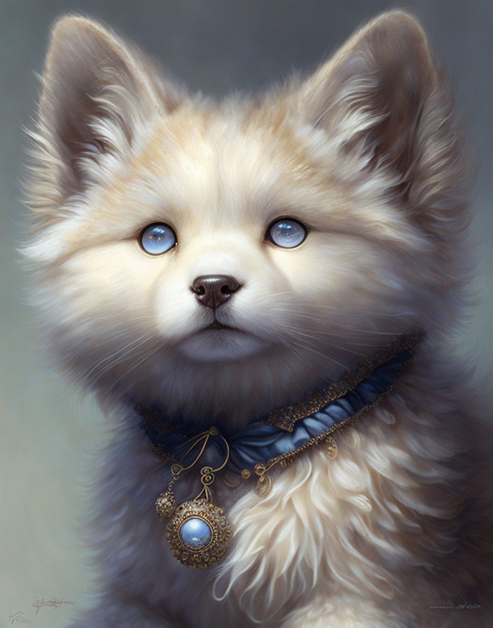 Cream-Colored Puppy with Blue Eyes and Fancy Blue Collar