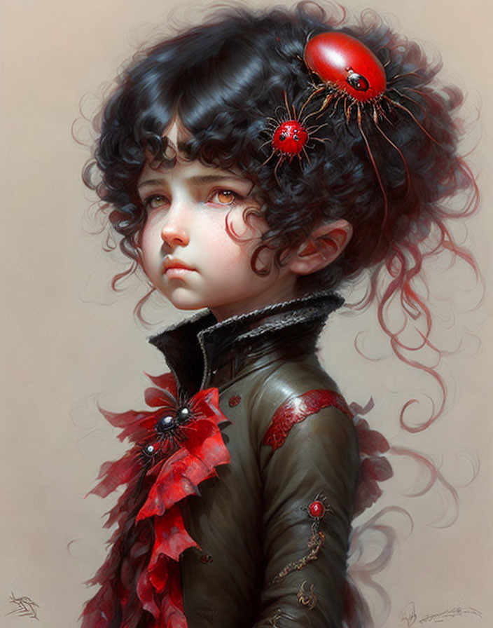 Child with Curly Hair and Red Flower Adornments, Sad Expression, Red Bug - Painting