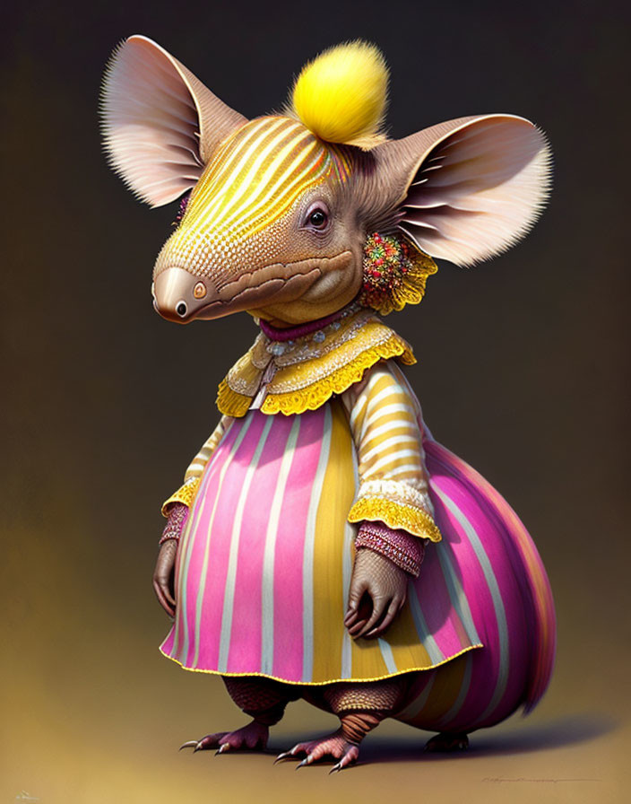 Colorful whimsical creature with armadillo head and human body in striped dress and yellow hat.