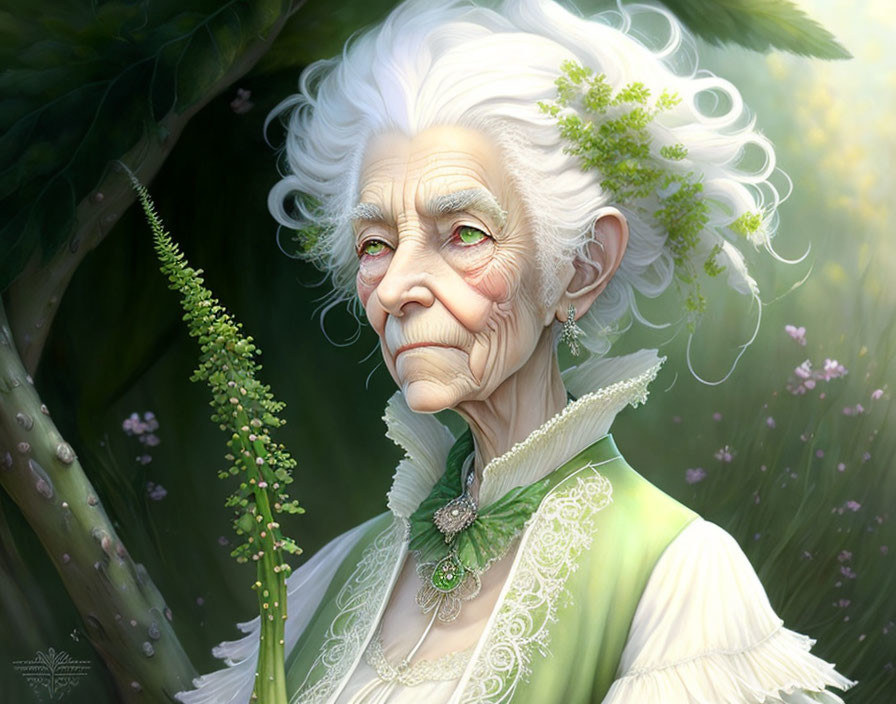 Elderly woman with white hair and green foliage, serene expression in green outfit among lush background