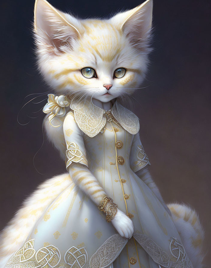 White anthropomorphic cat in elegant dress with golden buttons and lace, blue eyes and flower accessory.