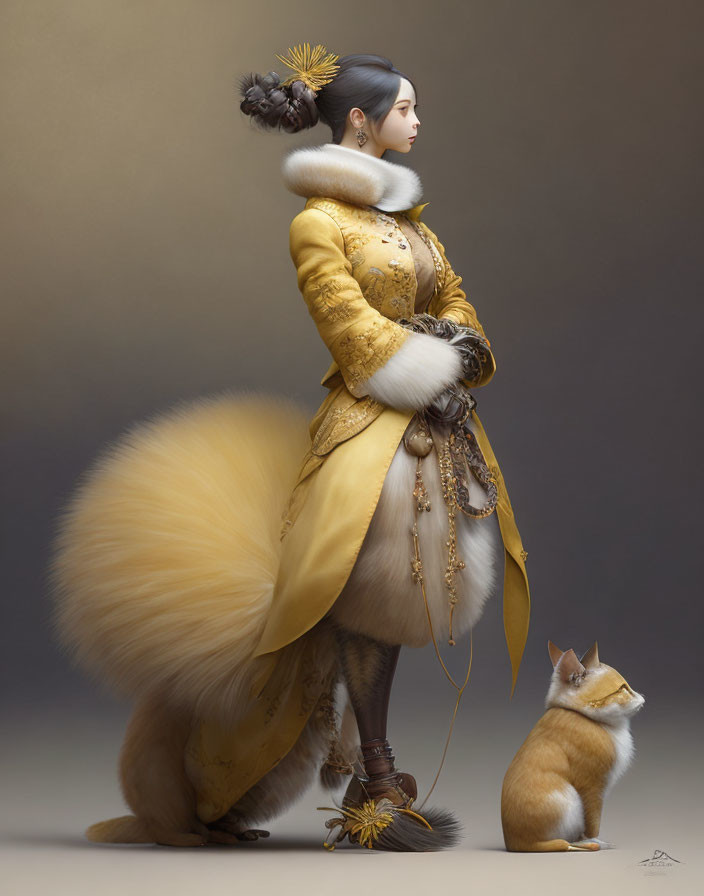 Digital artwork: Elegant woman in yellow-gold dress with corgi in matching fur coat