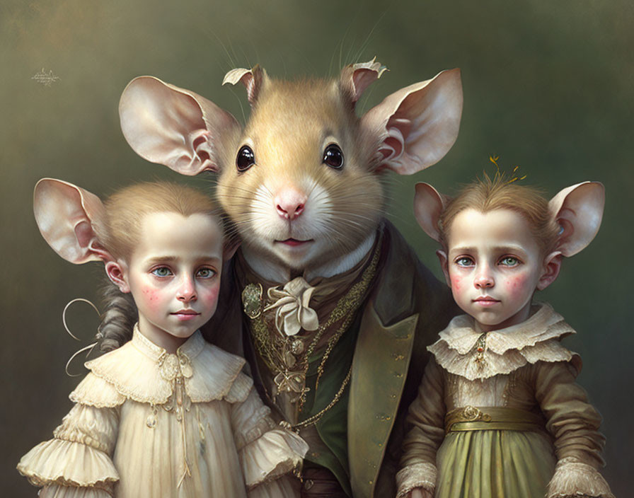 Whimsical anthropomorphized mouse family portrait with human-like attire