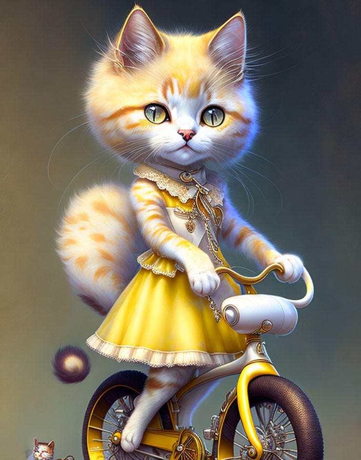 Anthropomorphic orange tabby cat in yellow dress on golden bicycle