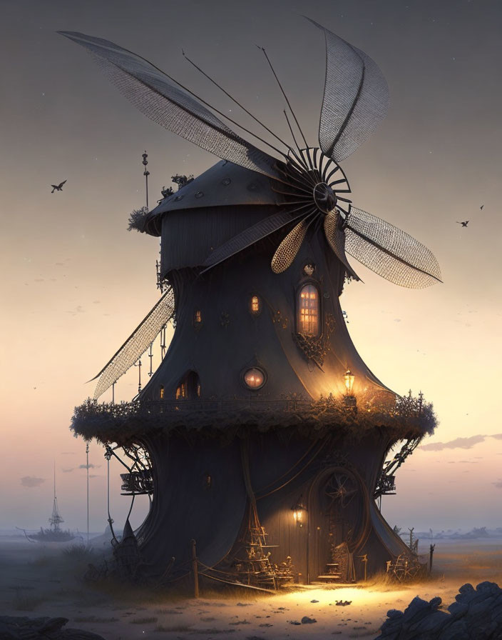 Enchanting treehouse with windmill in twilight landscape