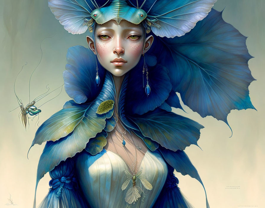 Fantastical portrait of woman with blue petal-like collars and insect-winged earrings.