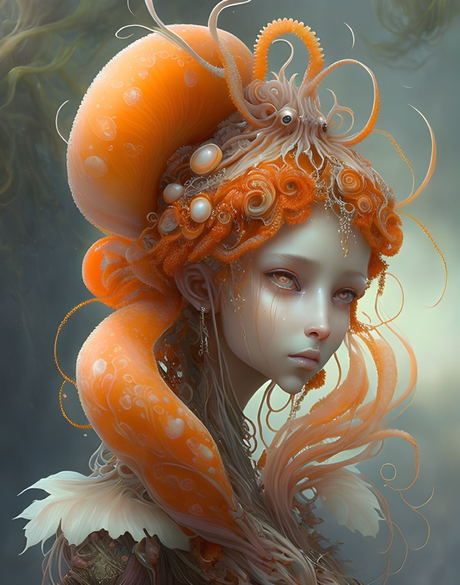 Fantasy portrait: Woman with octopus features and pearls in underwater setting