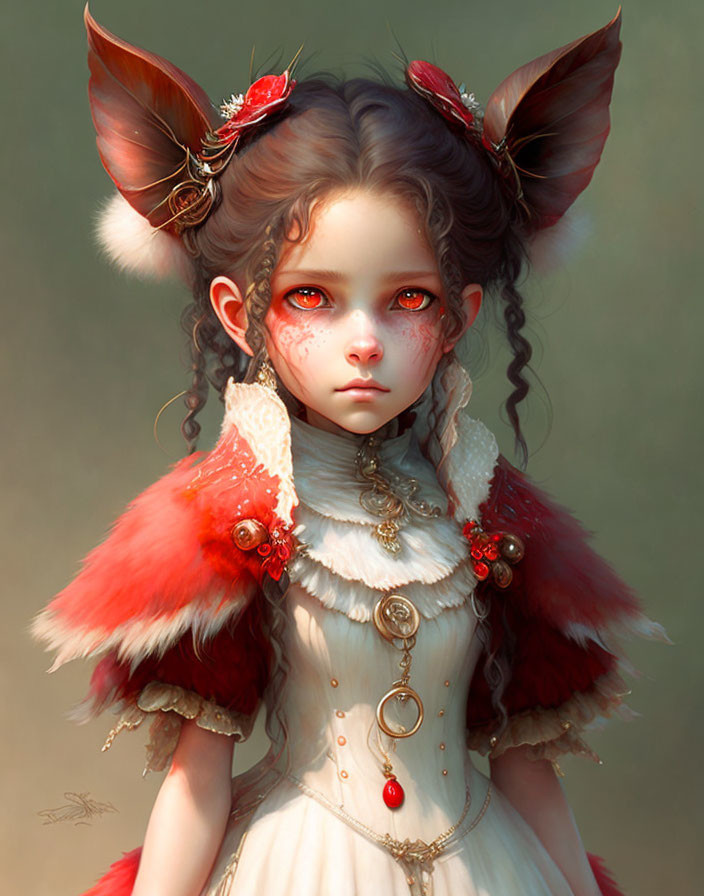 Digital art portrait of girl with fox-like ears, red eyes, ornate accessories, in Victorian dress