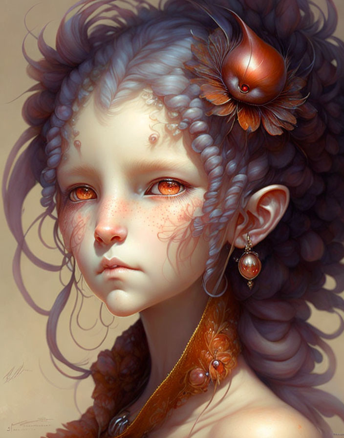 Fantasy character illustration: curly dark hair, orange jewelry, freckles, amber eyes, styl