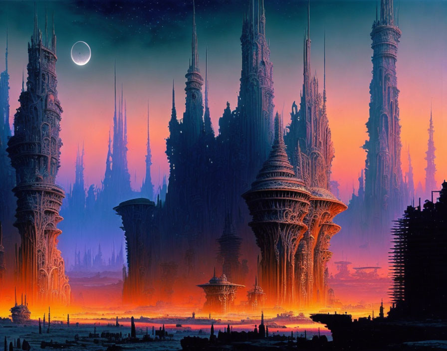 Alien cityscape at dusk: towering spires, orange sky, small moon