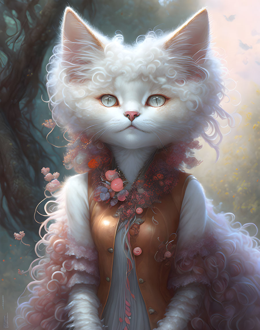 Anthropomorphic white cat in peach outfit with pink flowers