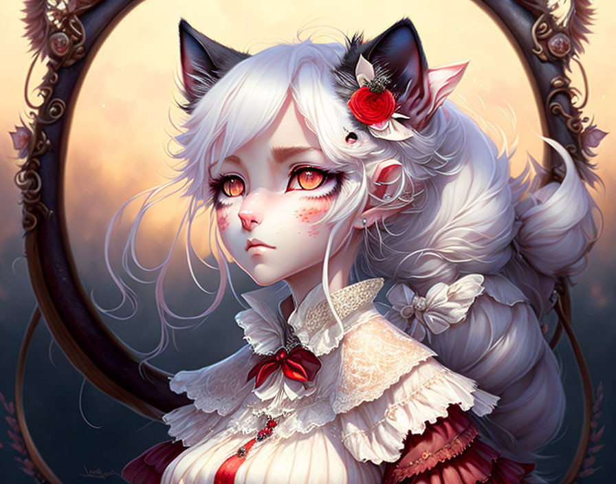 Anthropomorphic white cat in vintage dress with lace and ribbon details.