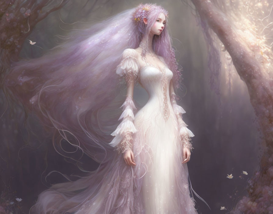 Mystical woman with long purple hair in dreamy forest