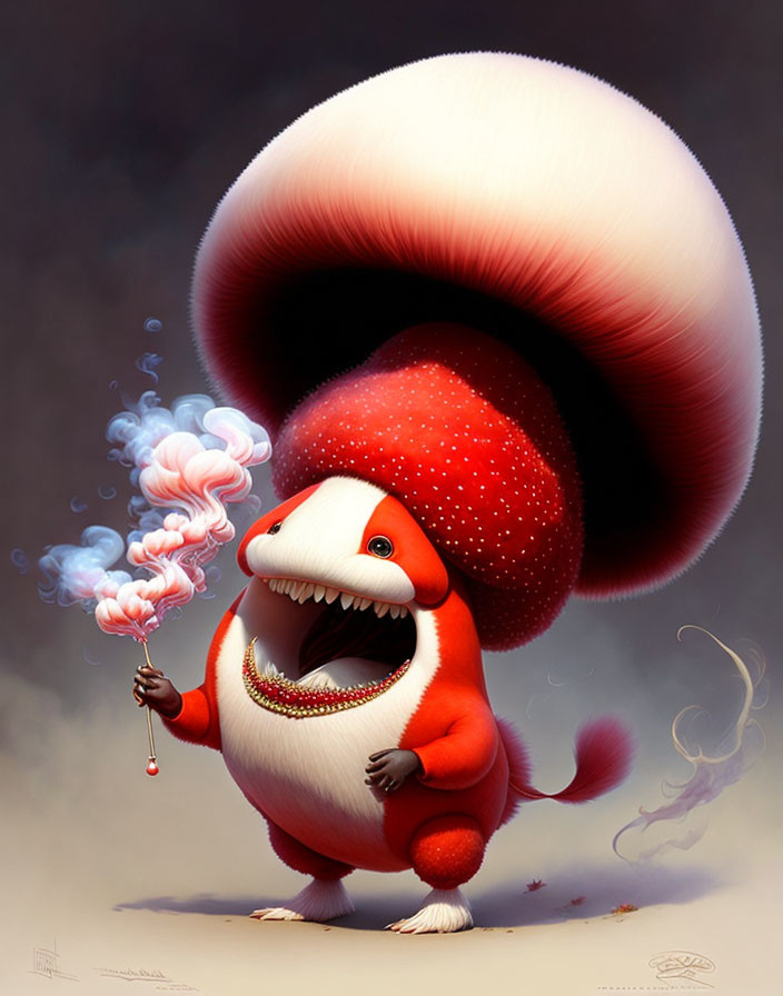 Illustration: Red and white mushroom creature with magic wand creating mushrooms