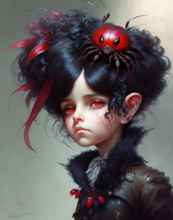 Fantasy character portrait with pale skin, dark hair, red-eyed spider, Victorian-style outfit, and